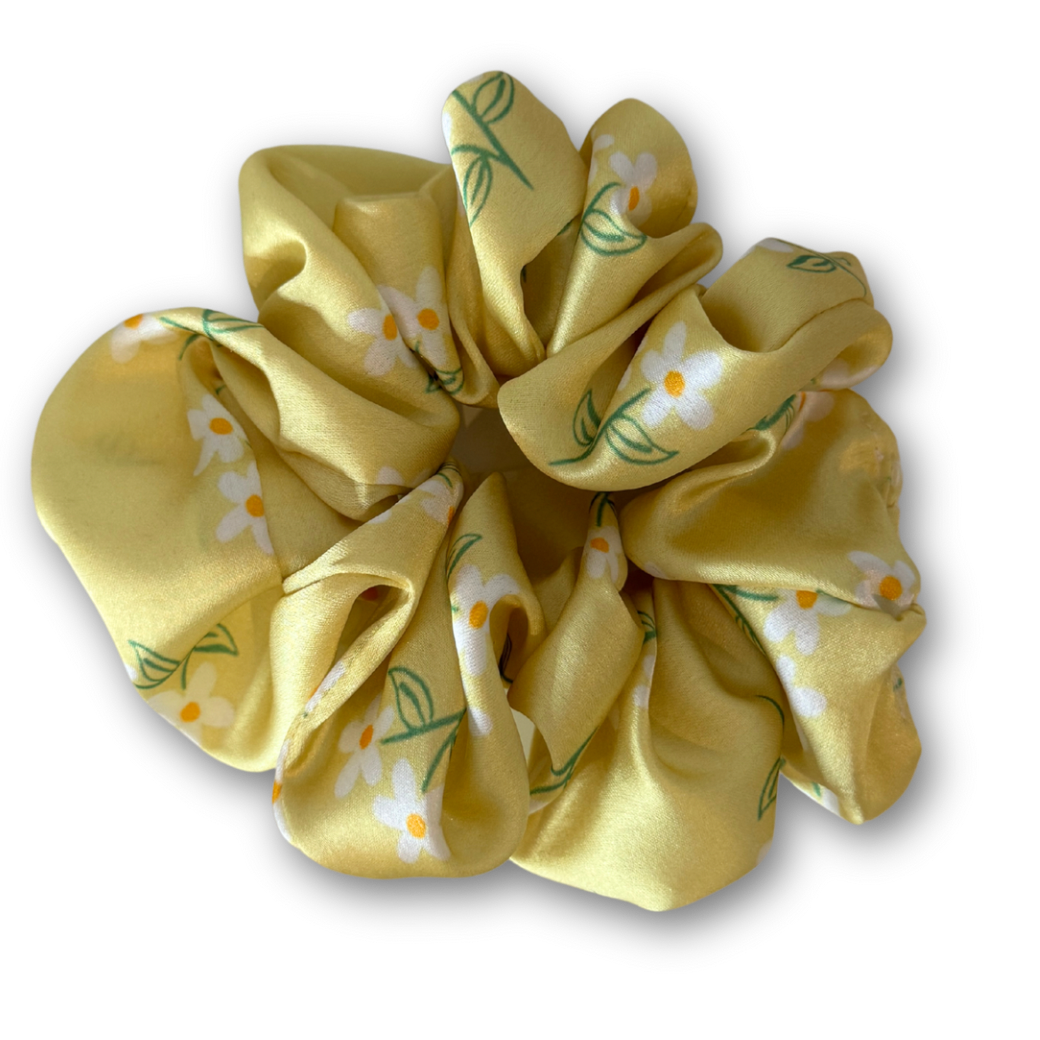Yellow with white flowers scrunchie medium