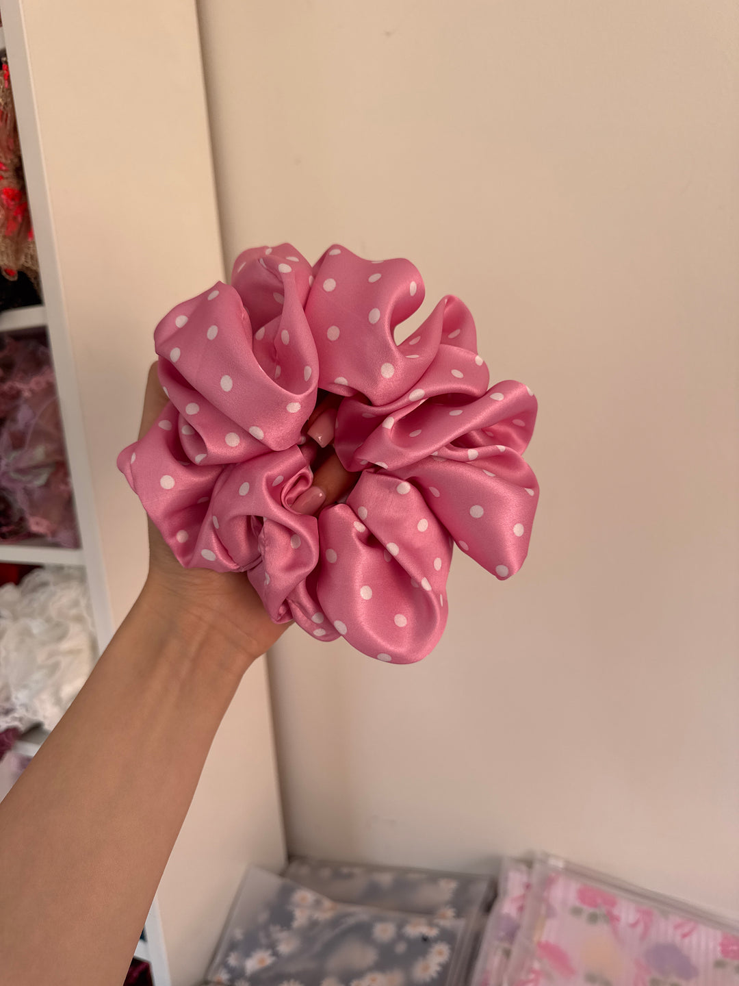 White on pink polka dot Scrunchie