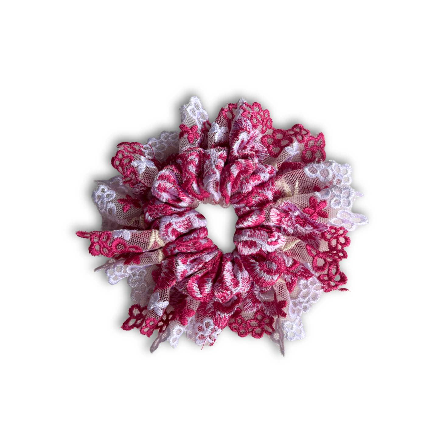 Pink and white lace scrunchie