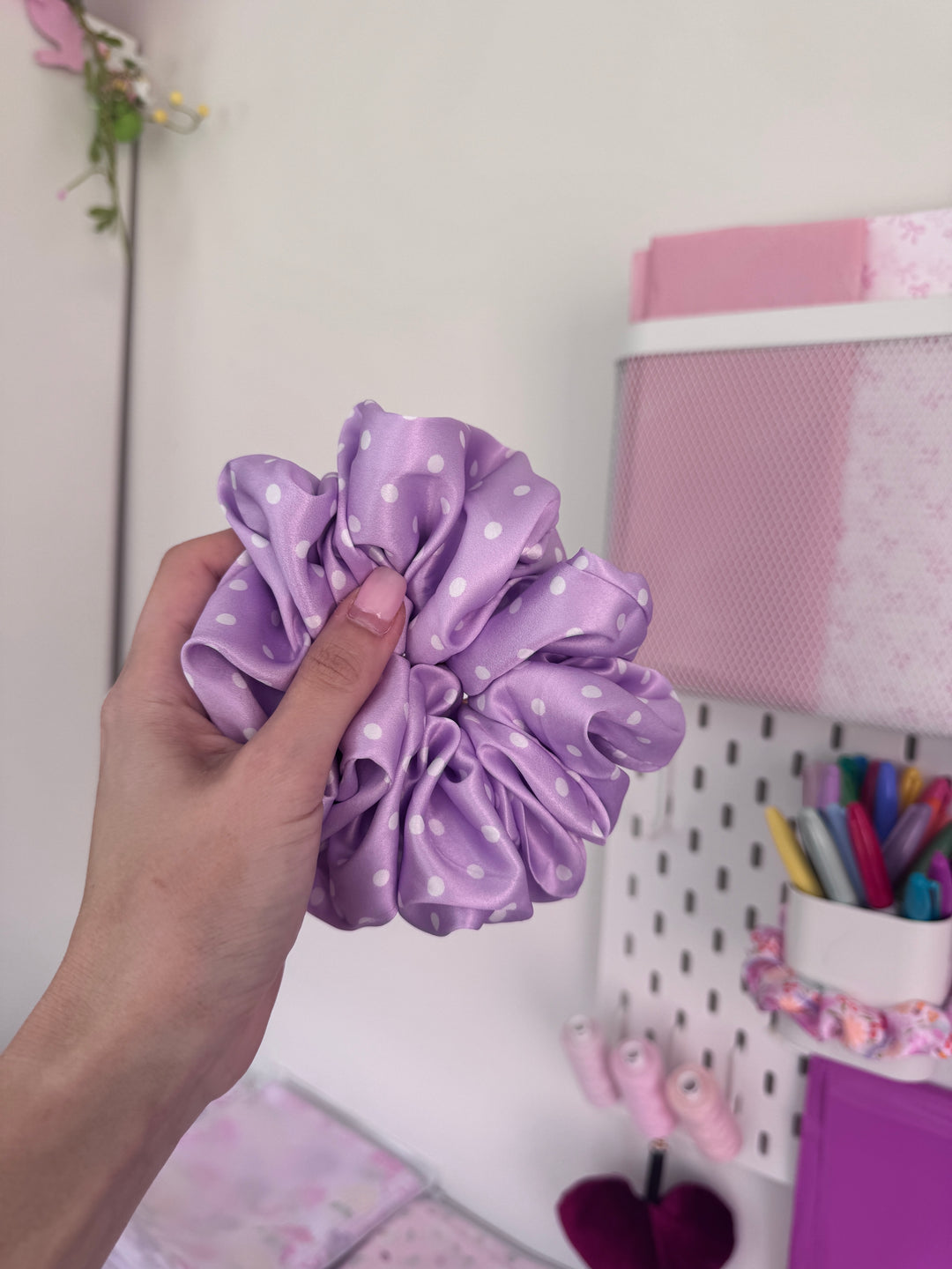 White on Lilac polka dot Scrunchie