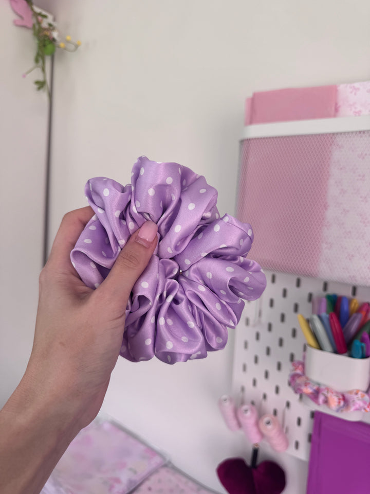 White on Lilac polka dot Scrunchie
