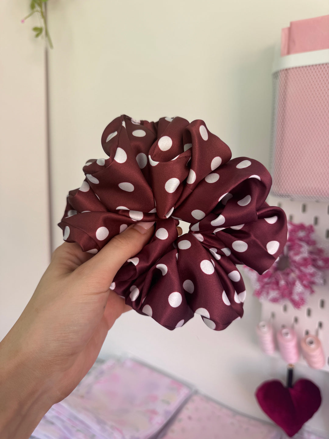 White on claret polka dot Scrunchie