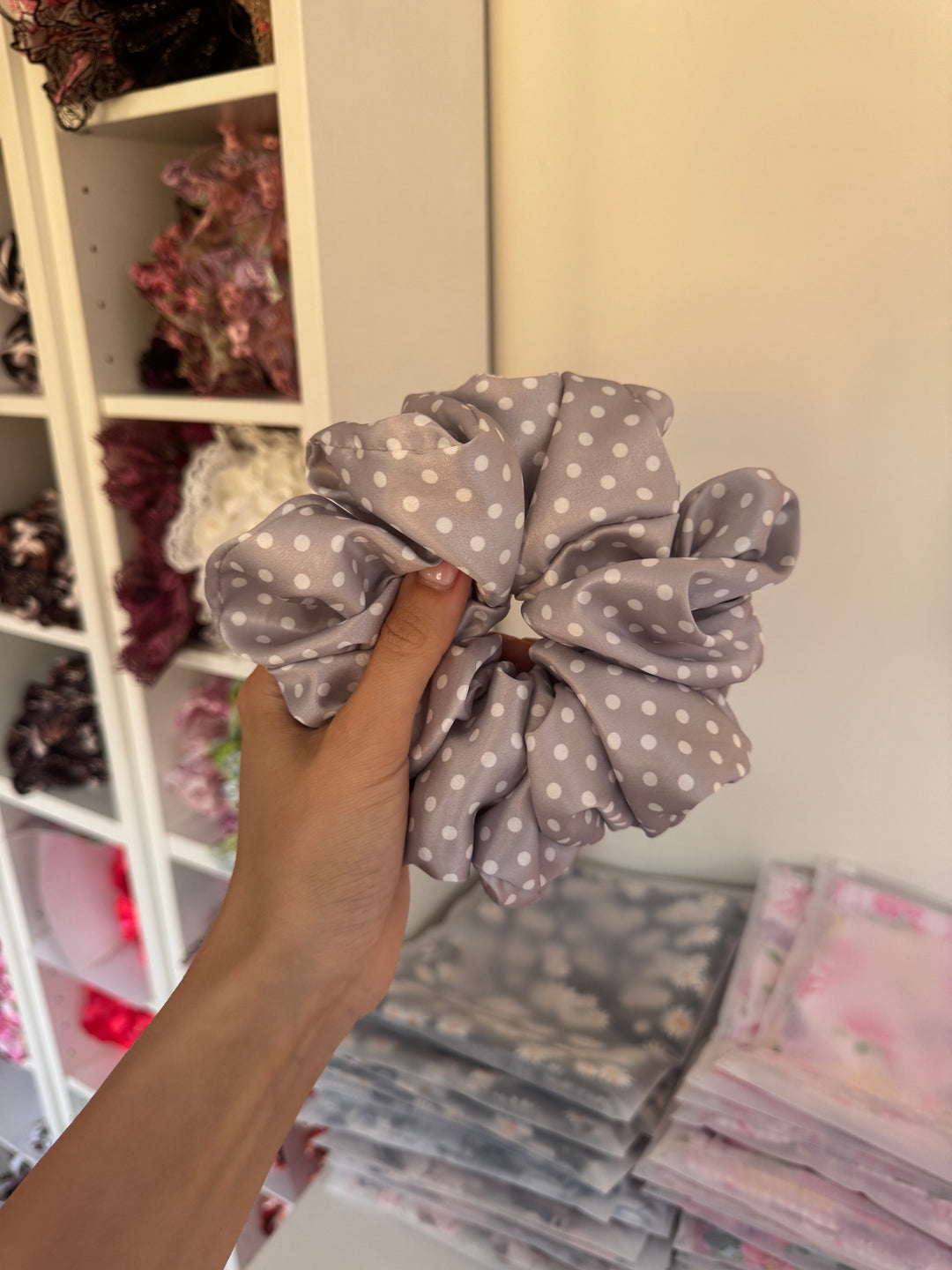 White on silver polka dot Scrunchie