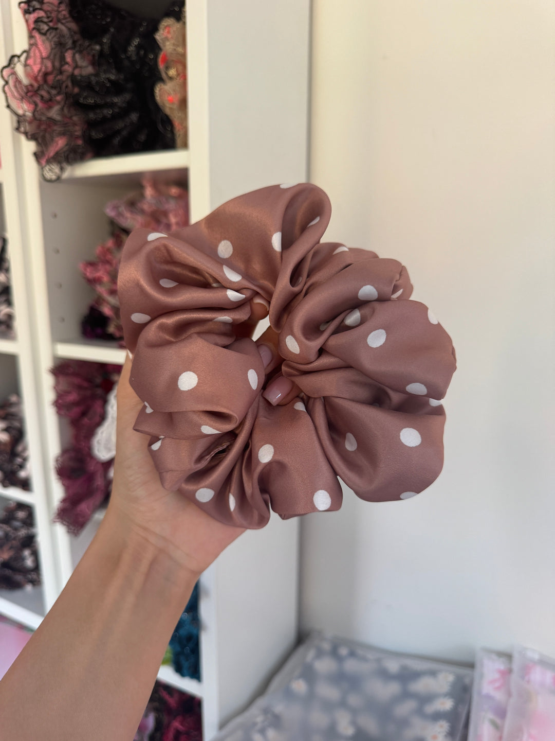 White on mocha polka dot Scrunchie