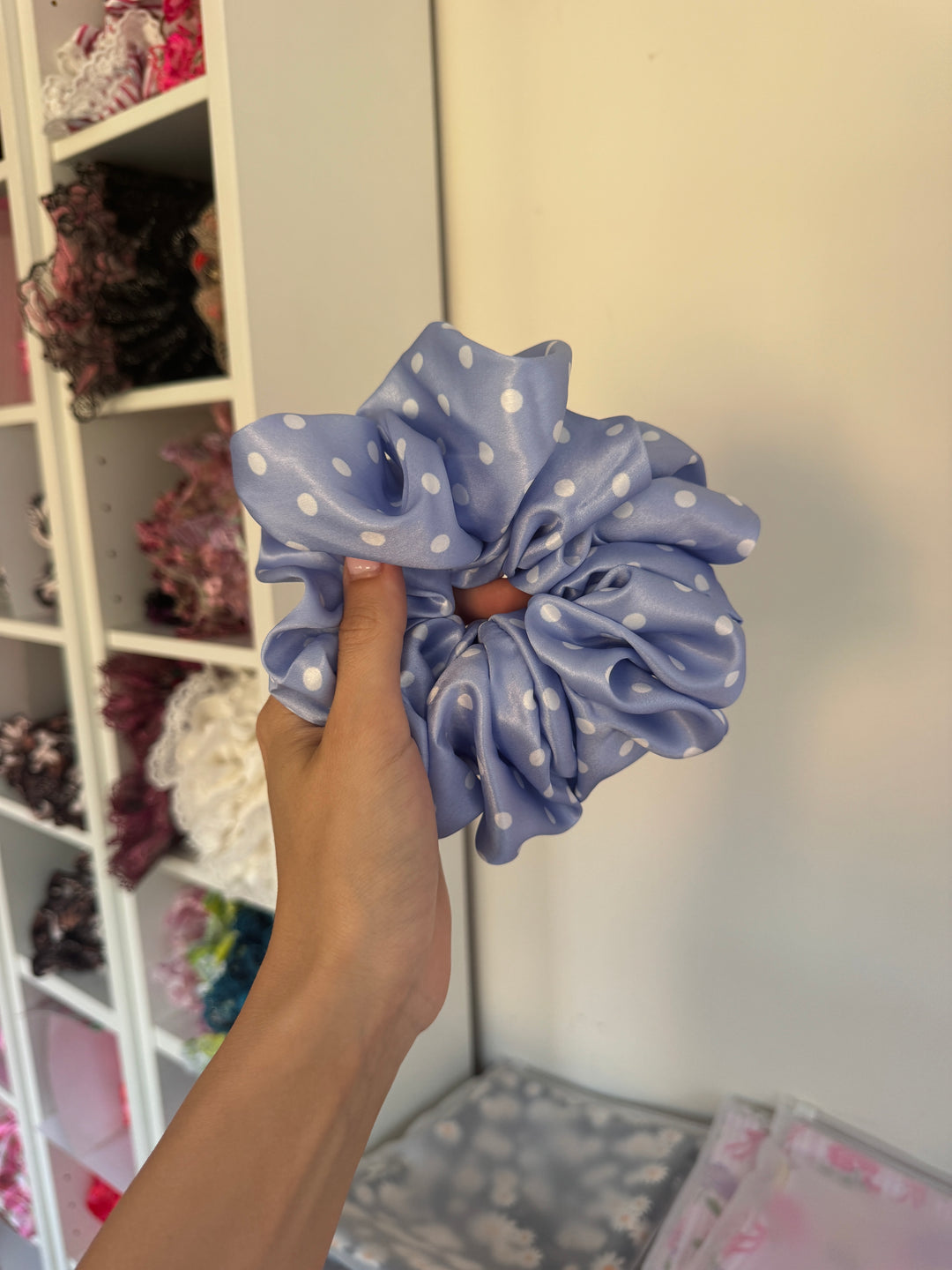 White on cornflower polka dot Scrunchie