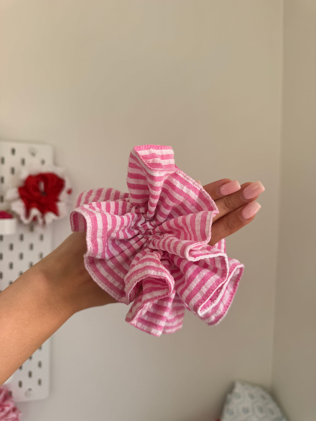 White & pink stripe double frill scrunchie