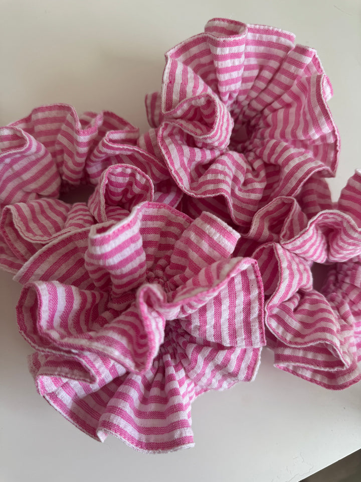 White & pink stripe double frill scrunchie