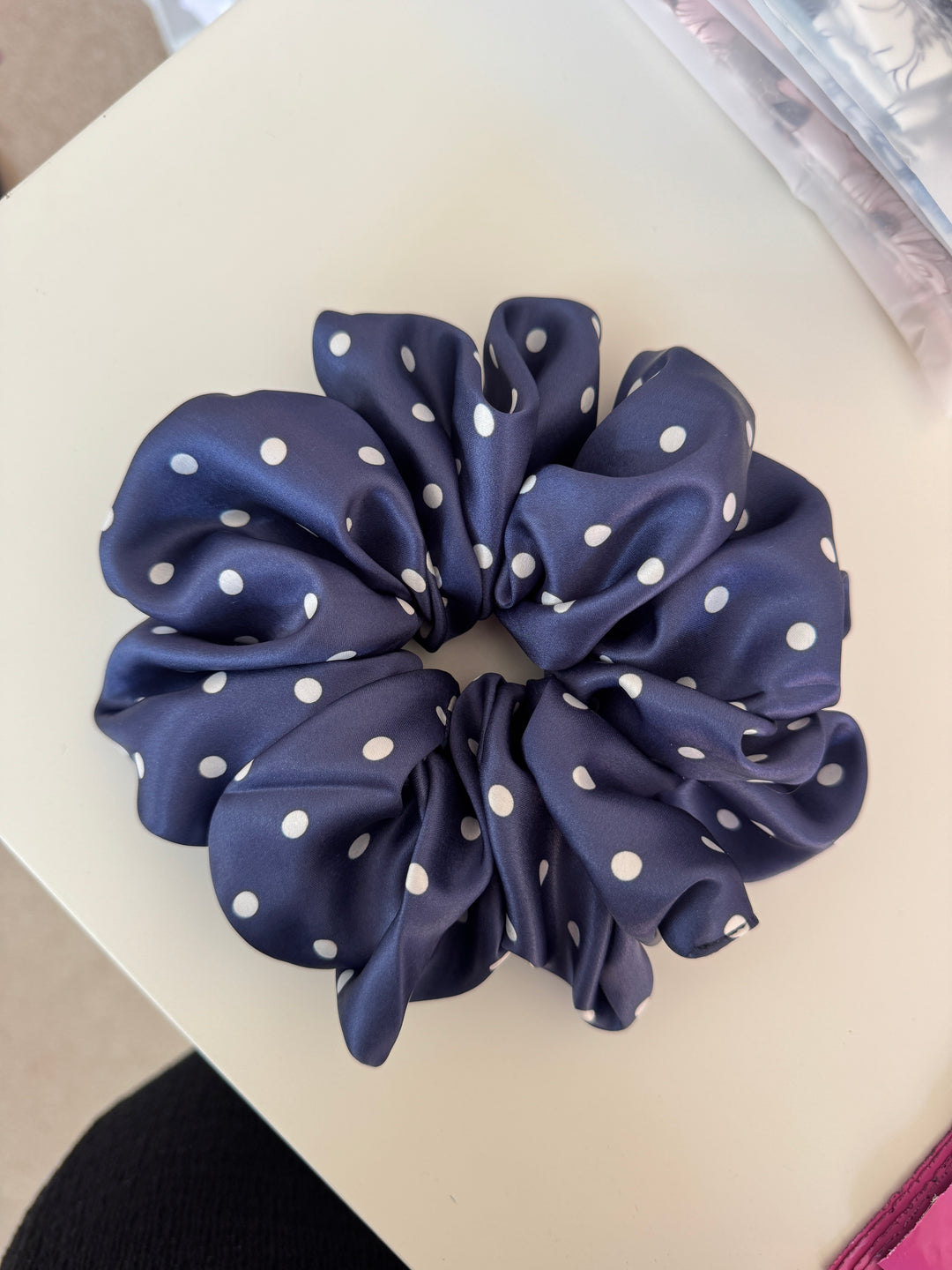White on navy polka dot Scrunchie
